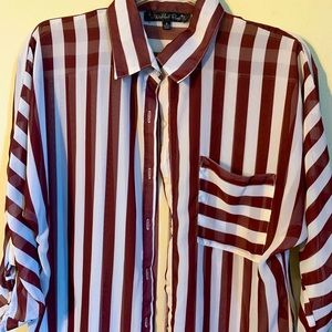 burgundy and white striped button down blouse with pocket on right side